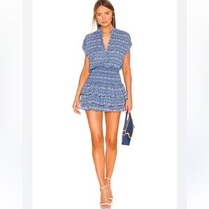 MISA Smocked Waist Metallic Thread Blue Patterned Dress